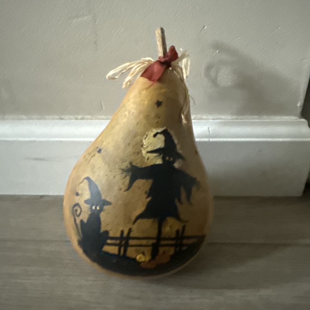 Scarecrow Cat Painted Gourd Fall Thanksgiving Halloween Decor 7" Tall